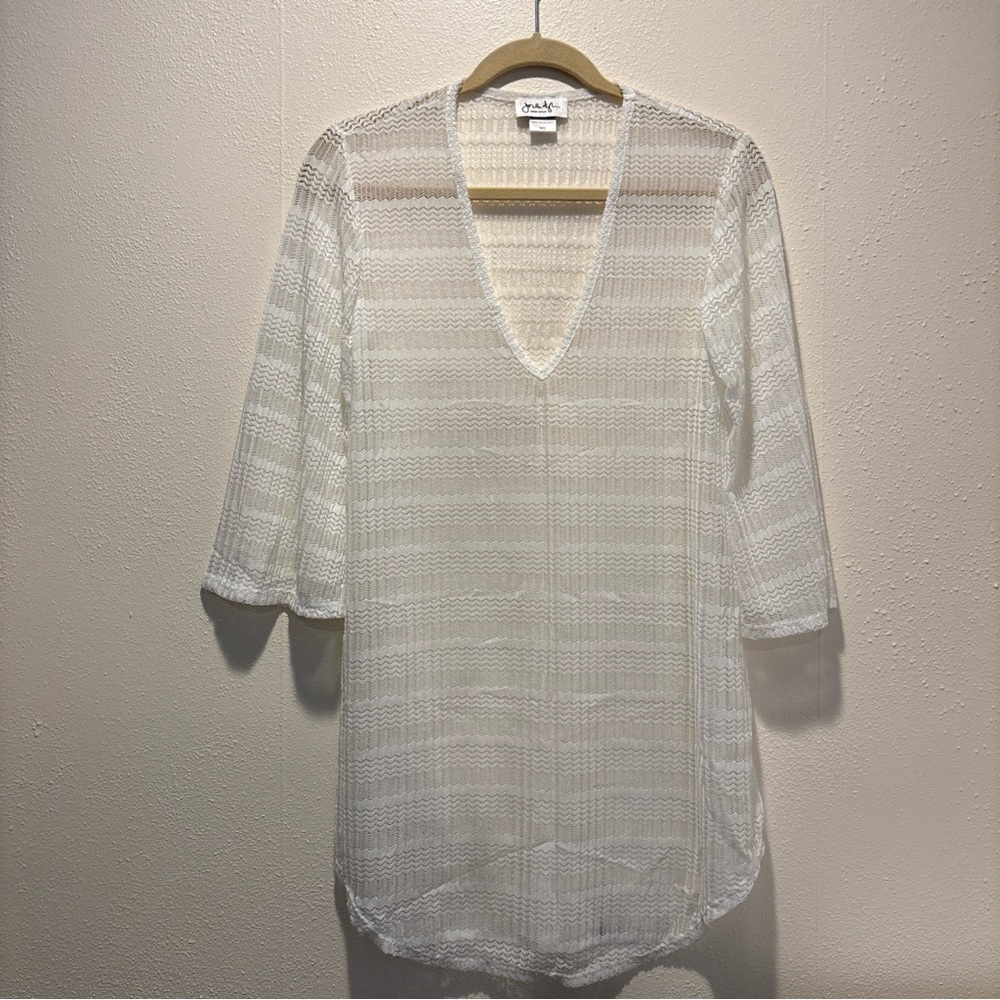 Jordan Taylor Inc White V-Neck mesh túnic cover up Size MD Knit Top